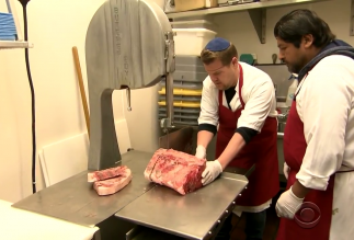 James Corden takes a shift at the kosher butcher